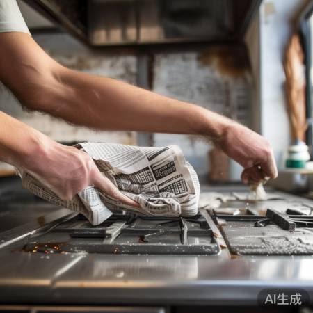 报纸擦拭油烟机，焕然一新。