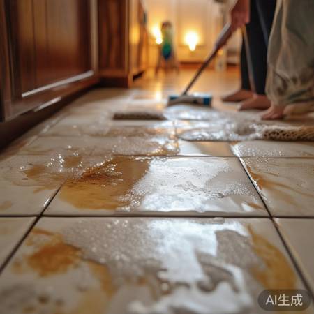 厨房油污热水洗，地砖光亮如新。