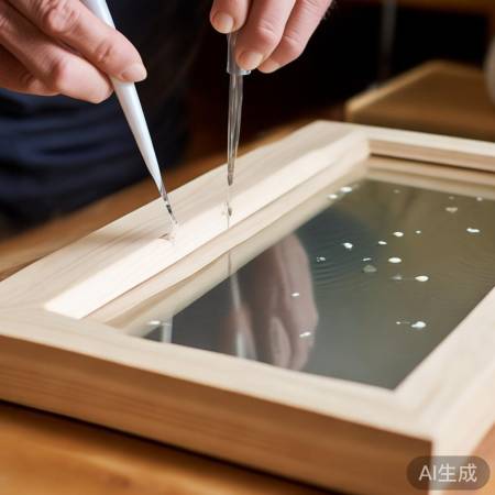 “框上薄涂玻璃胶”
