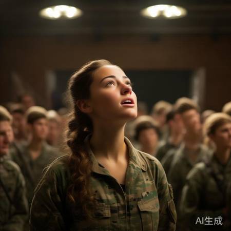 女兵深情歌唱，感染战友。