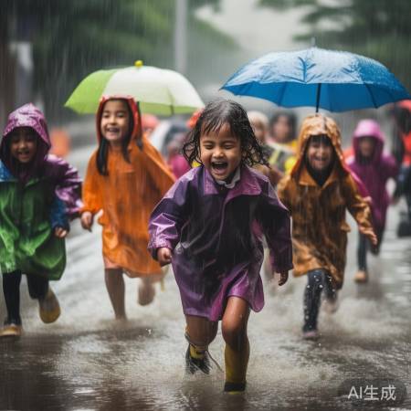 大雨中孩子们冒雨回家