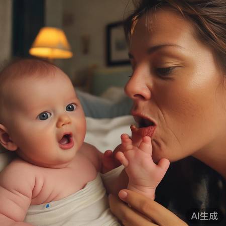 妈妈亲吻宝宝脚丫，嘴唇肿成香肠