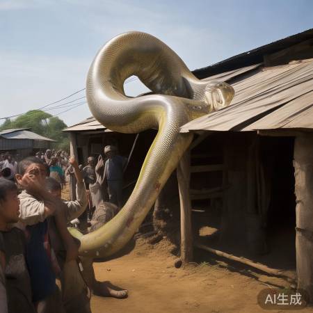蟒蛇惊现猪圈顶，村民惊拍照
