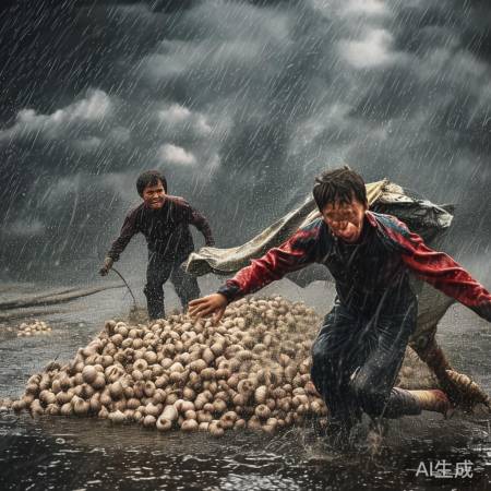暴雨中姐弟抢盖大蒜