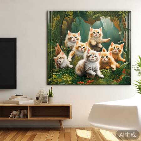 猫咪乐园陶瓷画，温馨童趣。