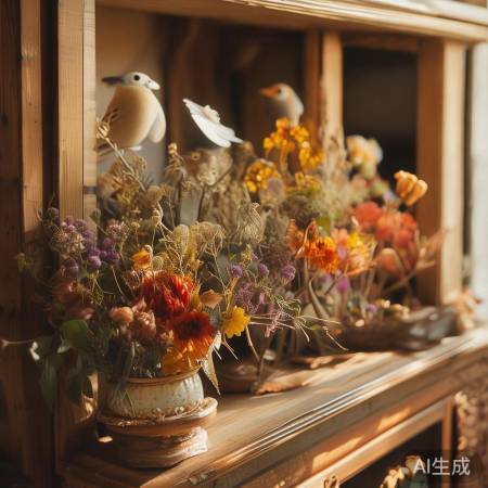 干花陶瓷鸟，温馨空间装饰