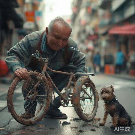 男子捡破车,狗伴左右