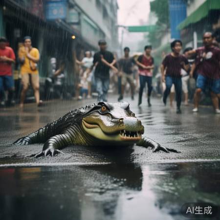 暴雨中东莞街头惊现鳄鱼